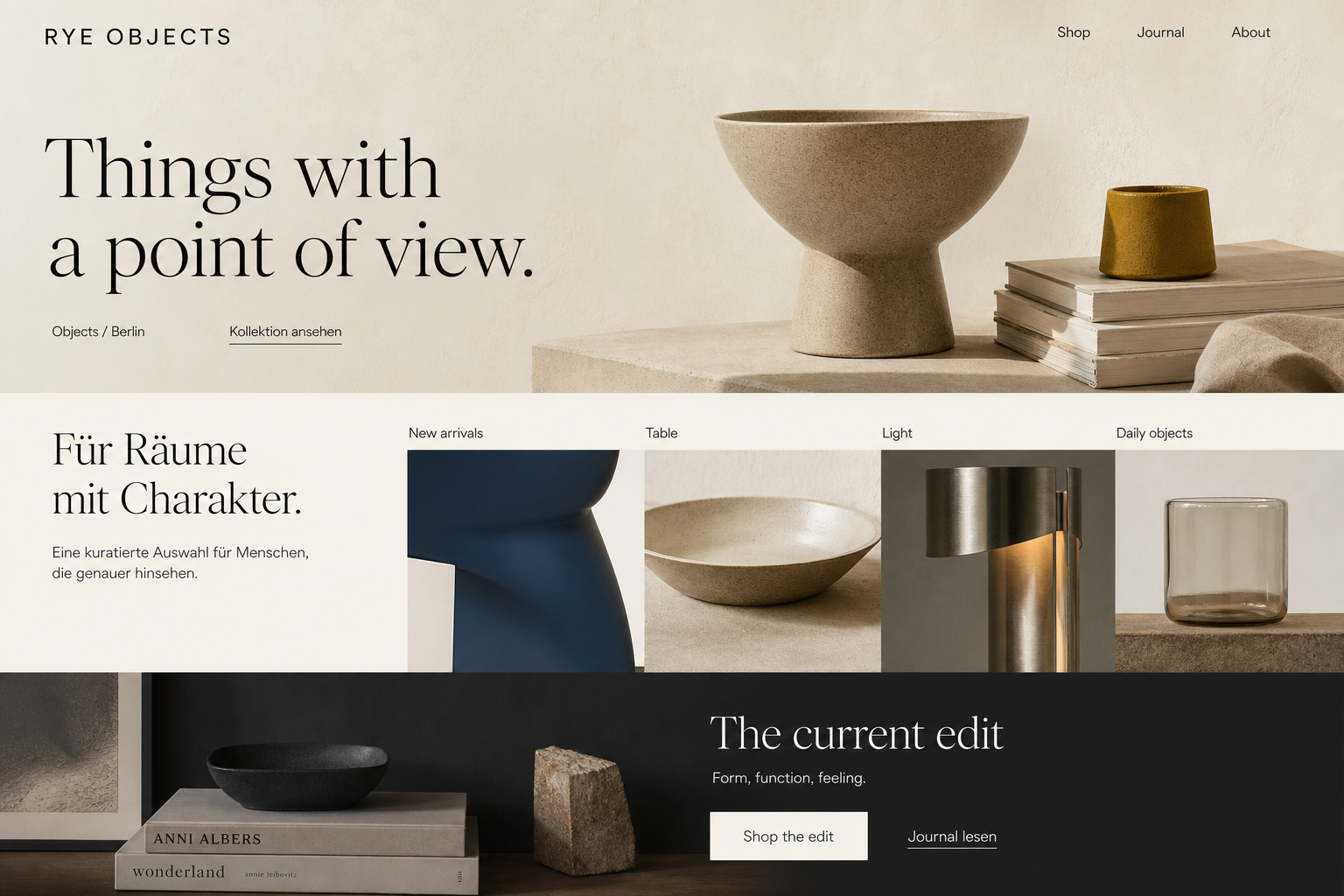 Beispiel eines Lifestyle-One-Pagers für Rye Objects